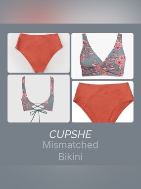 Cupshe Mismatched Bikini: Coral High-Waist Bottoms & Sage Floral Tie-Back Top